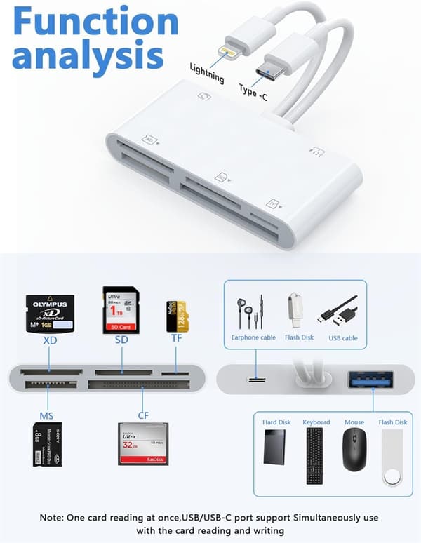 NÖRDIC USB-C/Lightning Kortläsare 5 Slot CF, SD, MicroSD, MS, XD 1xUSB-A 1xUSB-C UHS-I