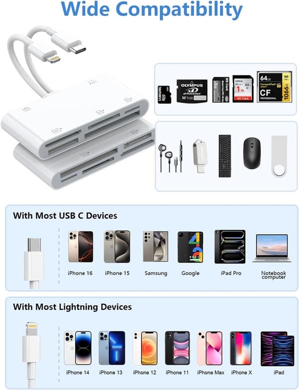 NÖRDIC USB-C/Lightning Kortläsare 5 Slot CF, SD, MicroSD, MS, XD 1xUSB-A 1xUSB-C UHS-I
