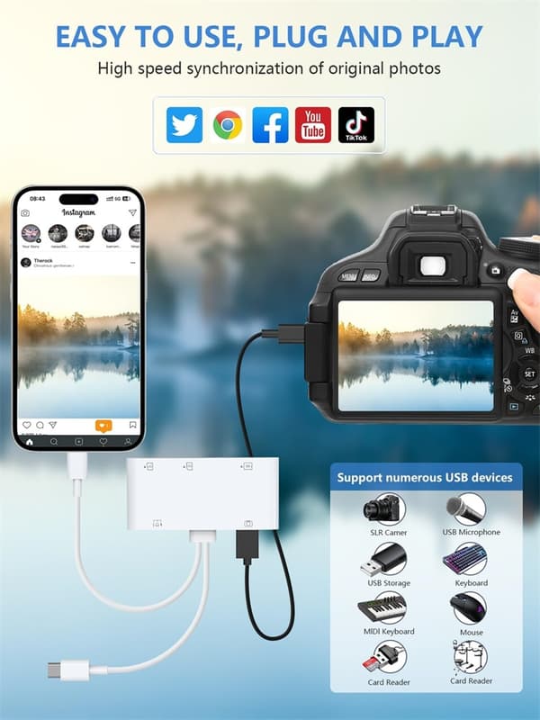 NÖRDIC USB-C/Lightning Kortläsare 5 Slot CF, SD, MicroSD, MS, XD 1xUSB-A 1xUSB-C UHS-I