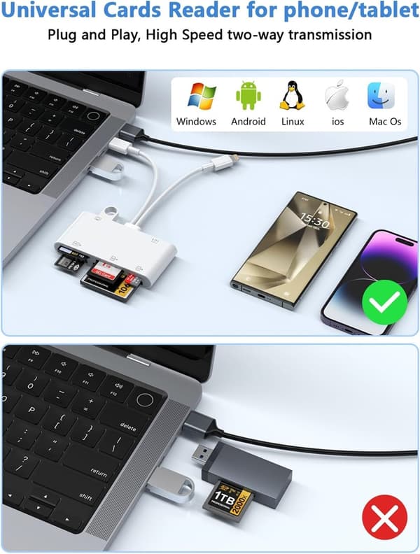 NÖRDIC USB-C/Lightning Kortläsare 5 Slot CF, SD, MicroSD, MS, XD 1xUSB-A 1xUSB-C UHS-I