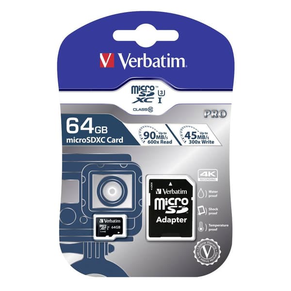 Verbatim PRO microSDXC-Kort 64 GB Class 10, UHS-I, UHS-Class 3 inkl. SD-adapter