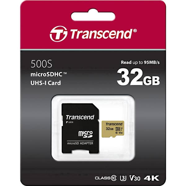 Transcend Premium 500S microSDHC-Kort 32 GB Class 10, UHS-I, UHS-Class 3, v30 Video Speed Class inkl. SD-adapter