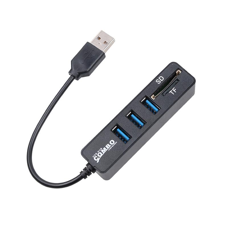Mini USB 2.0 Minneskortsläsare + USB Hub, Svart