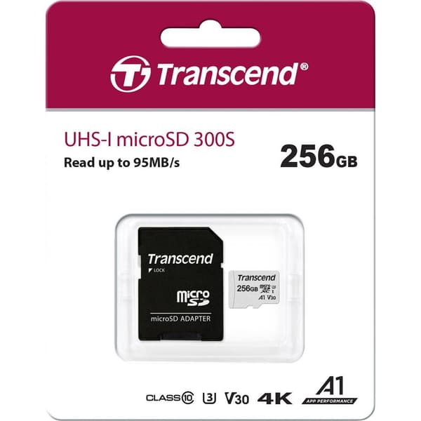 Transcend Premium 300S microSDXC-Kort 256 GB Class 10, UHS-I, UHS-Class 3, v30 Video Speed Class, A1 Application Perfor