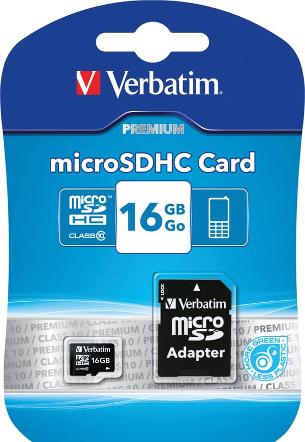 MicroSDHC, 16GB, Class 10, inkl adapter