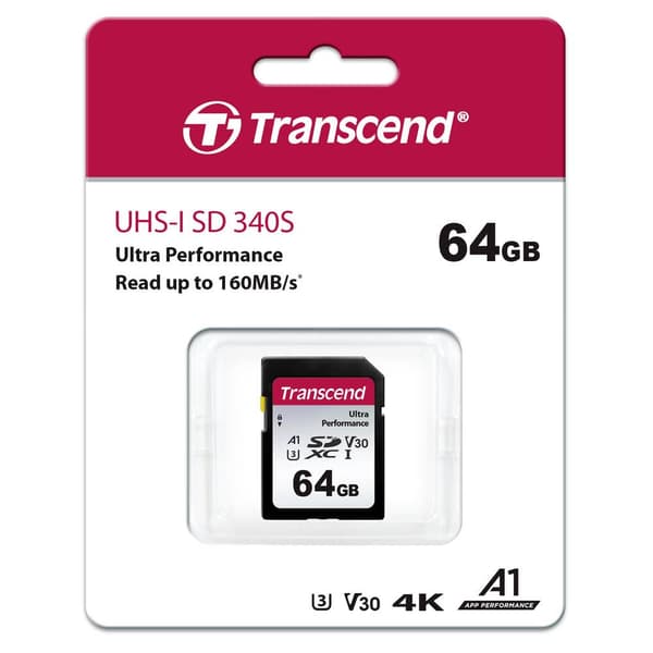 Transcend TS64GSDC340S SDXC-Kort 64 GB A1 Application Performance Class, v30 Video Speed Class, UHS-Class 3 stötsäker,