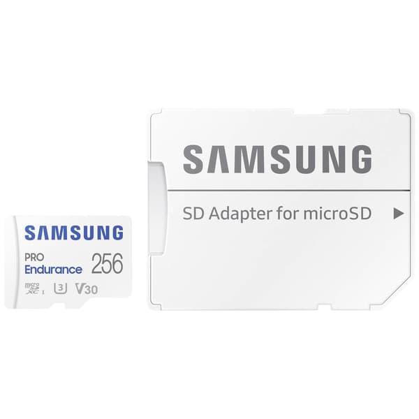 Samsung PRO Endurance microSDXC-Kort 256 GB Class 10, UHS-Class 3, v30 Video Speed Class 4K-videostöd, inkl. SD-adapter