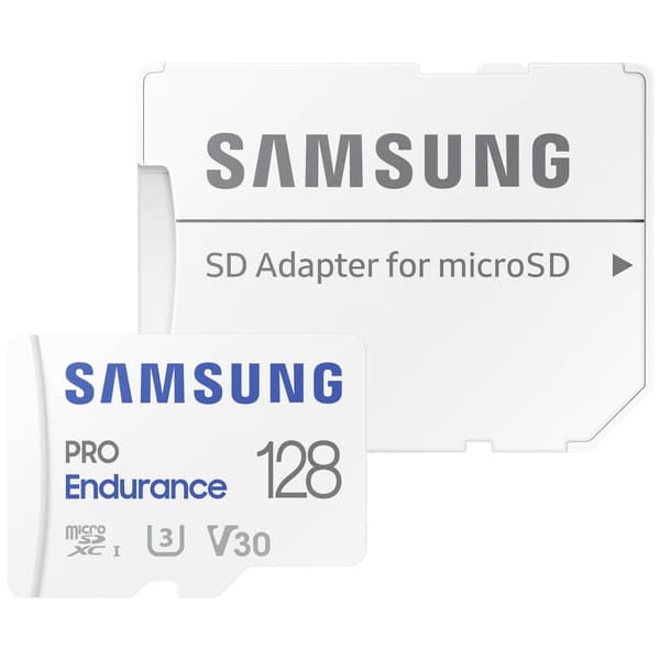 Samsung PRO Endurance microSDXC-Kort 128 GB Class 10, UHS-Class 3, v30 Video Speed Class 4K-videostöd, inkl. SD-adapter