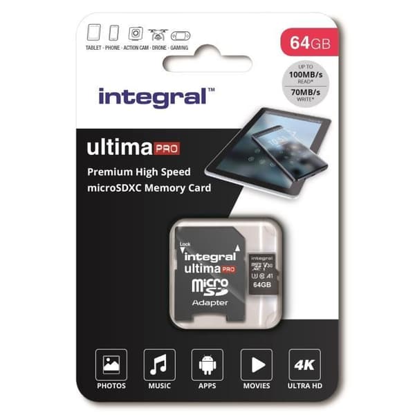 64 GB microSDXC UHS-I INTEGRALT MINNE Premium High Speed V30 UHS-I U3 minneskort