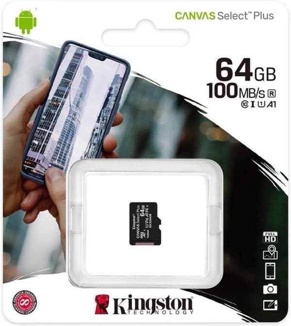 Kingston 64GB microSDHC Canvas Select Plus 100R A1 C10 Single Pack ilman sovitinta
