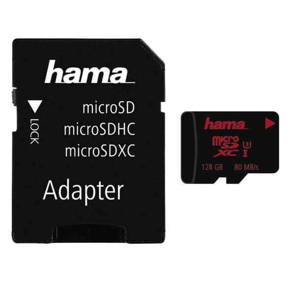 Hama microSDXC 128GB UHS Speed Class 3 UHS-I 80MB/s ja sovitin/mobiili