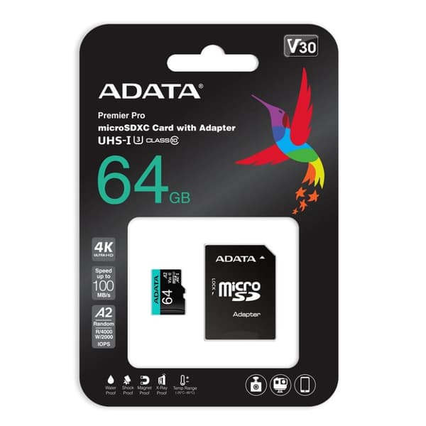 ADATA Premier Pro V30S - Flash-muistikortti (SD-sovitin mukana) - 64 Gt - A2 / Video Class V30 / UHS-I U3 / Class10 - microSDXC UHS-I