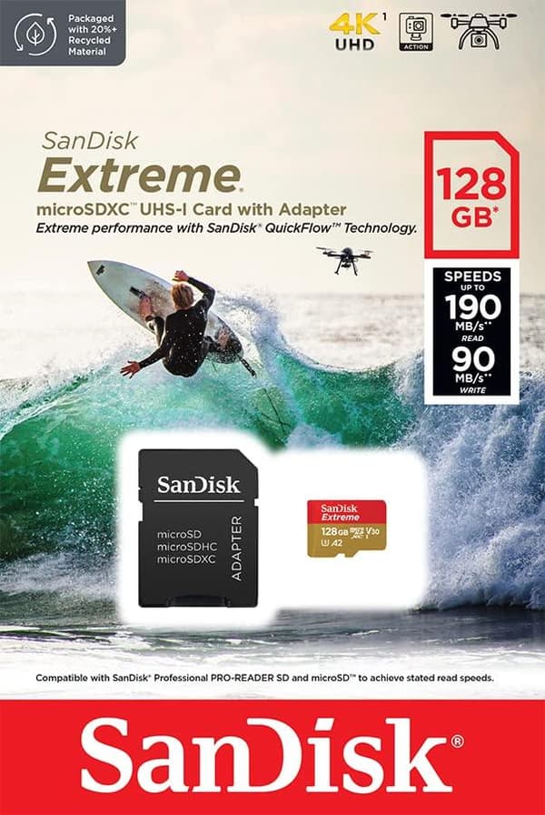 WESTERN DIGITAL EXTREME MICROSDXC 128GB SD-ADAPTER ACTION KAMER OCH DRÖNER 1 (SDSQXAA-128G-GN6AA)