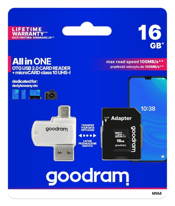 Minneskort med adapter och GoodRam All in One M1A4-0160R12 (16 GB, klass 10, adapter, microSDHC-kortläsare, minneskort) (M1A4-0160R12)