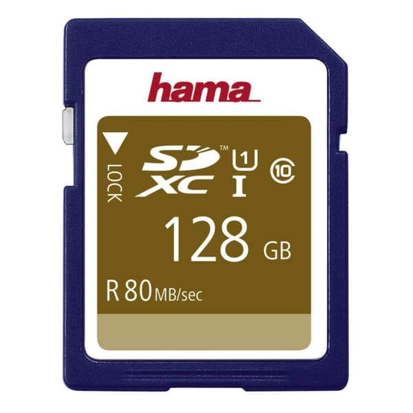 Hama 128 GB SDXC-minneskort, Klass 10, V10, UHS-I (upp till 80MB/s, för full HD och 3D-videoinspelningar, t.ex. digitalkamera, videokamera, videokamer