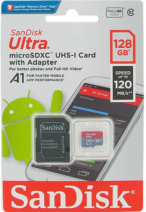 SanDisk 128 GB Micro SD Ultra 120 MB/s UHS-I A1 Klass 10