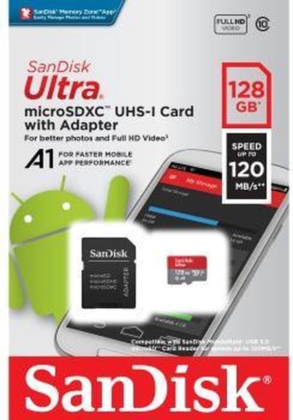 SanDisk 128 GB Micro SD Ultra 120 MB/s UHS-I A1 Klass 10