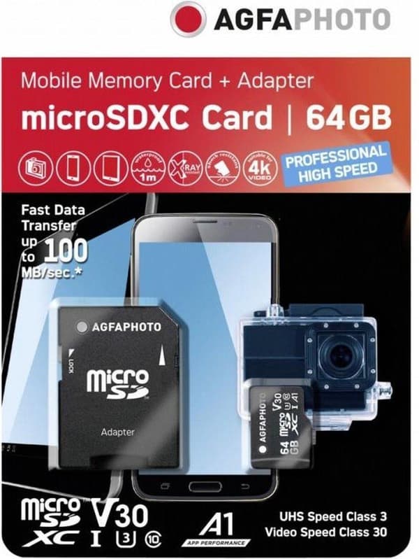 Agfa Photo MicroSDXC UHS-I 64GB High Speed C 10 U3 V30 + adapter