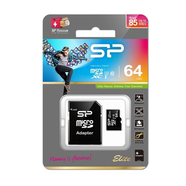 SILICON POWER Elite UHS-1 - Flash-muistikortti (mukana microSDXC-SD-sovitin) - 64 Gt - Luokka 10 - microSDXC UHS-I (SP064GBSTXBU1V10-SP)