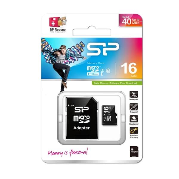 SILICON POWER - Flash-hukommelseskort (microSDHC/SD-adapter inkluderet) - 16GB - Klasse 10 - microSDHC (SP016GBSTH010V10-SP)