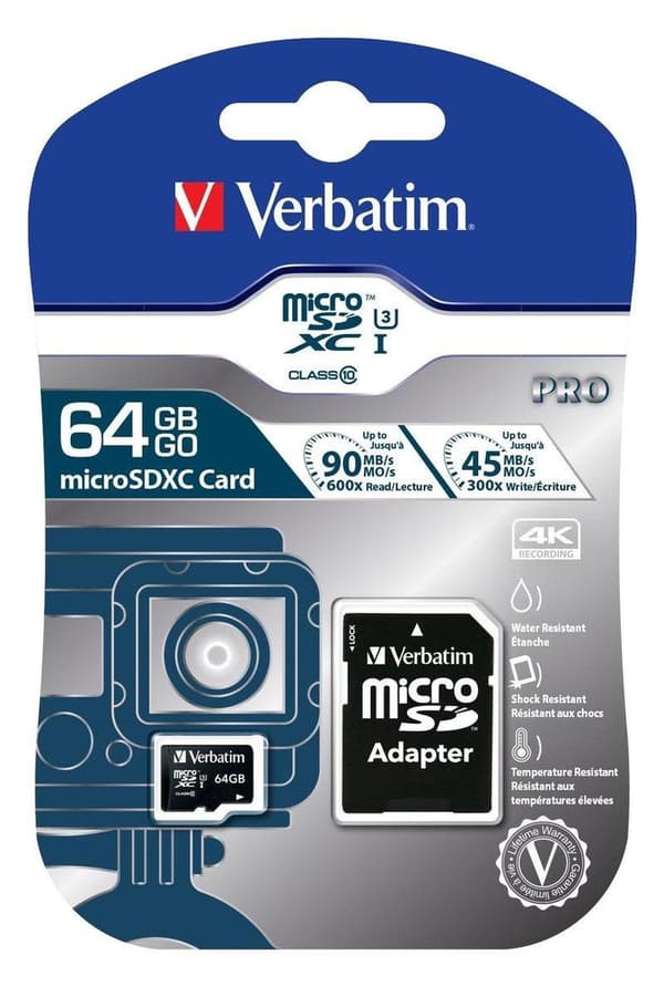 Verbatim Micro SDXC Pro 64GB Class 10 UHS-I sis. sovittimen