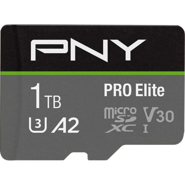 PNY PRO Elite microSDXC minneskort 1 To + SD-adapter, A2 appprestanda, Läshastighet upp till 100 Mo/s