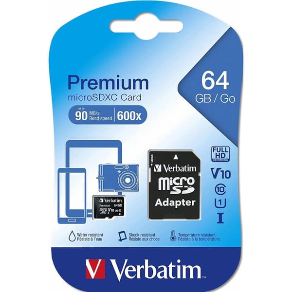 Verbatim 64GB Premium MicroSDXC Memory Card with Adapter, UHS-I V10 U1 Class 10