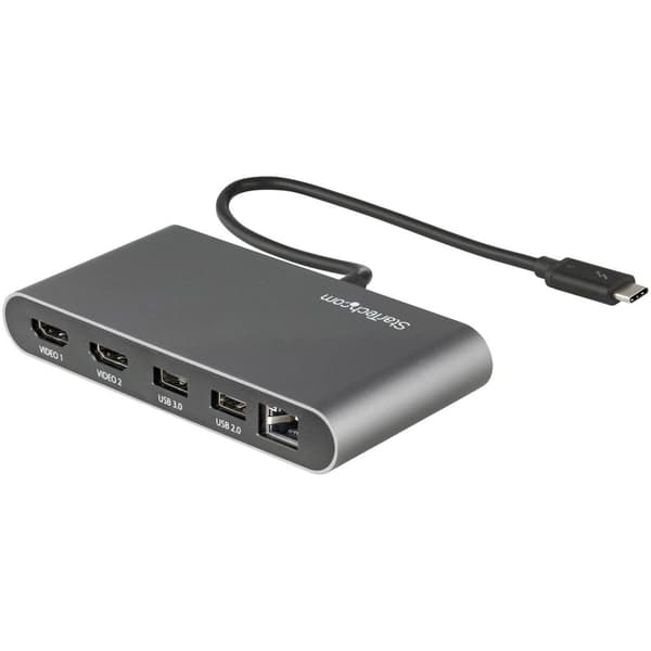 StarTech.com Thunderbolt 3 Mini Dock, Bærbar Dual Monitor Docking Station med HDMI 4K 60Hz, 2x USB-A Hub (USB 3.0/2.0), GbE, 28 cm kabel, TB3 Multipor