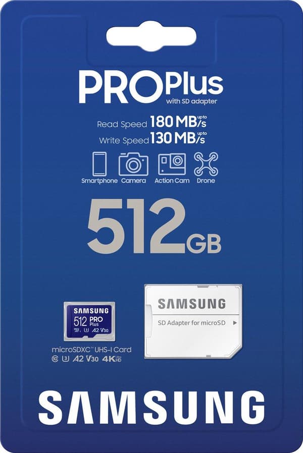 Samsung PRO Plus MB-MD512SA - Flash-minneskort (microSDXC till SD-adapter ingår) - 512GB - A2 / Video Class V30 / UHS-I U3 - microSDXC UHS-I - blå