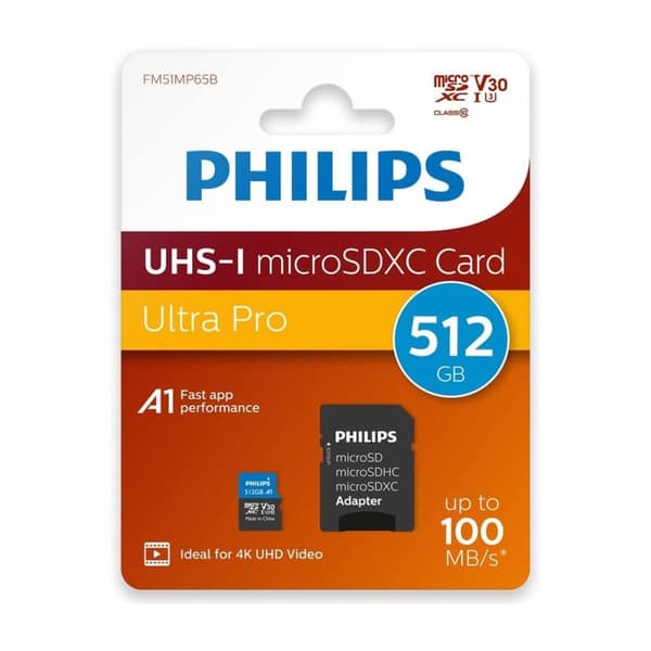 Philips MicroSDXC-kort 512GB Klass 10 UHS-I U3 inkl. Adapter (FM51MP65B/00)