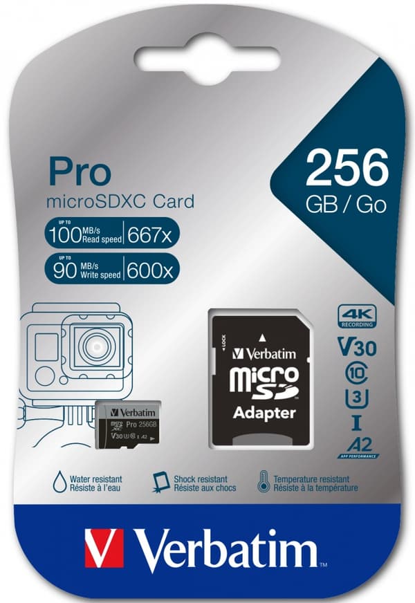 Verbatim PRO U3 - Flash-minneskort (microSDXC till SD-adapter ingår) - 256 GB - A2 / UHS-I U3 / Klass 10 - microSDXC UHS-I (47045)