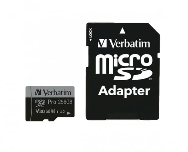 Verbatim PRO U3 - Flash-minneskort (microSDXC till SD-adapter ingår) - 256 GB - A2 / UHS-I U3 / Klass 10 - microSDXC UHS-I (47045)