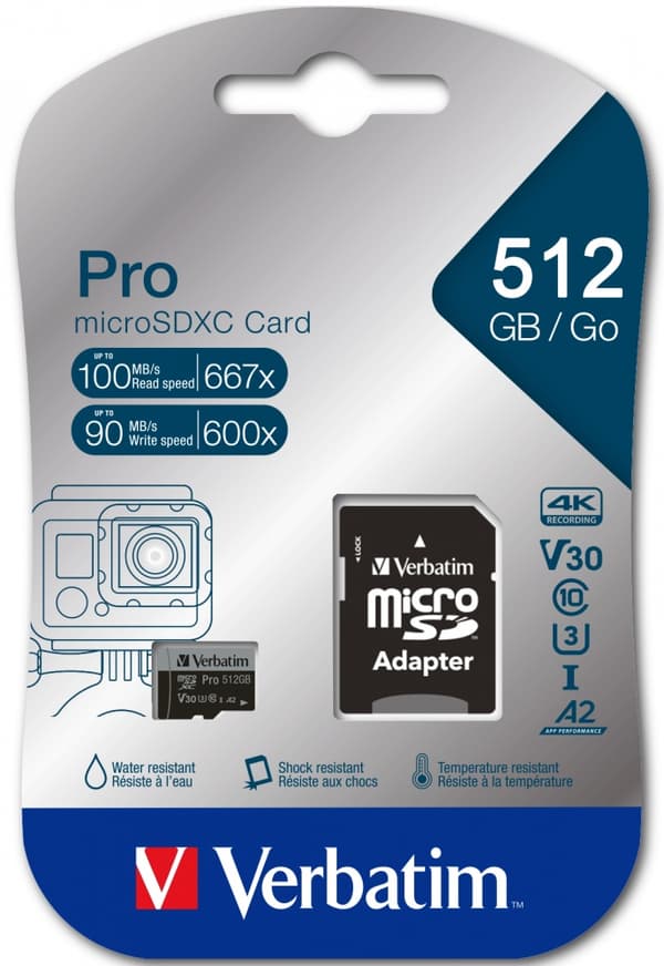 Verbatim PRO U3 - Flash-minneskort (microSDXC till SD-adapter ingår) - 512 GB - A2 / UHS-I U3 / Klass 10 - microSDXC UHS-I (47046)