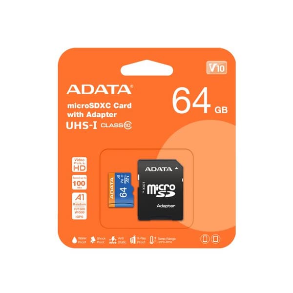 ADATA 64 GB Premier Micro SDXC Flash-minneskort med SD-adapter, UHS-I klass 10 med A1-prestanda