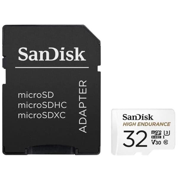 SanDisk - MicroSDHC-kort med hög uthållighet för videoövervakning + SD-adapter, 32 GB, 100MB/s läsning 40MB/s skrivning, U3, V30