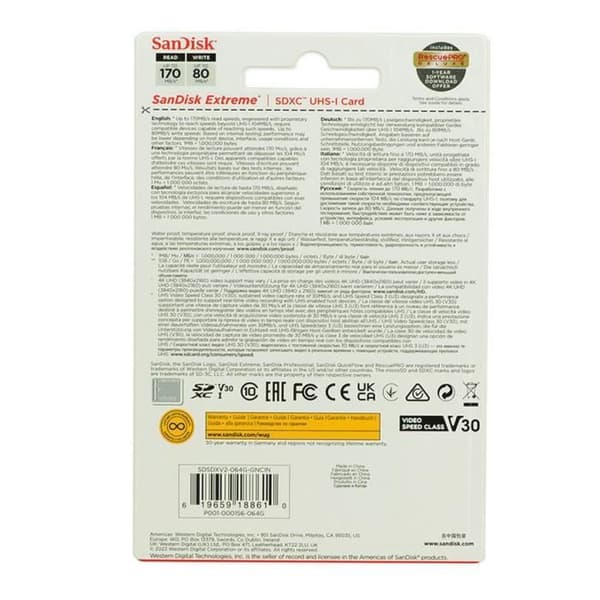 SDXC-minneskort - SANDISK - Extreme 64GB - 170MB/S - 80MB/S - UHS-I Class 10 U3 V30