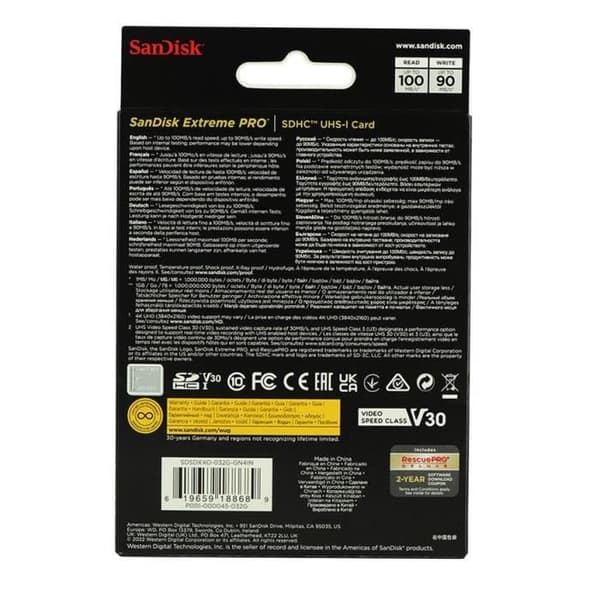 Sandisk Extreme Pro 32GB SDHC 100MB/S 90MB/S UHS-I V30 SDHC-minneskort