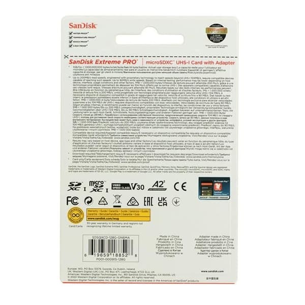 SanDisk Extreme Pro microSDXC 128GB Klass 10 UHS-I U3 V30 200MB/S 90MB/S A2 C10 minneskort