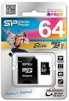 Silicon Power Elite /class 10 64GB mSD Card UHS-1 (U1) R/W: up to 85/10 MB/s, ECC function, Shock/water/x-ray-proof, w/ adapter
