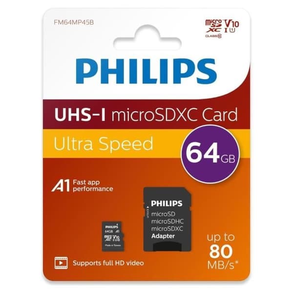 Philips MicroSDHC 64GB CL10 80mb/s UHS-I + Retail Adapter