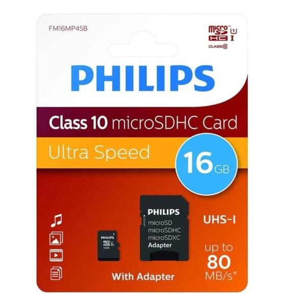 Philips MicroSDHC 16GB CL10 80mb/s UHS-I + Retail Adapter