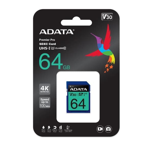 Minne SDXC 64GB V30, ADATA
