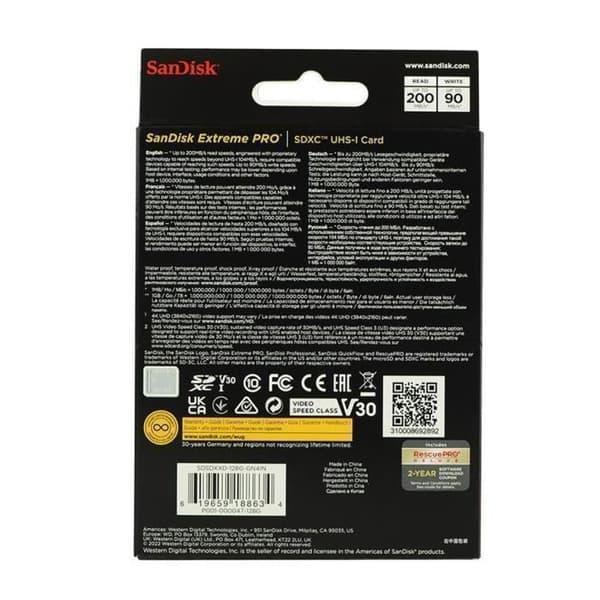 SDHC SDXC-minneskort Sandisk Extreme Pro 128GB SDXC 200MB/S 90MB/S UHS-I V30
