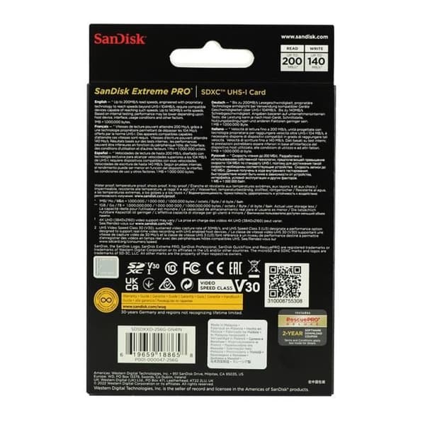 SD Minneskort - Sandisk - Extreme Pro - 256Go - 200Mo/s - UHS-I V30