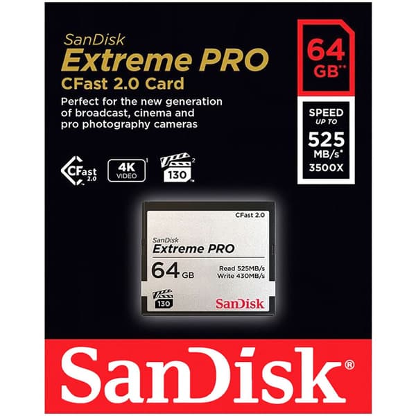 Sandisk Cfast 2.0 Vpg130 64gb Extreme Pro Sdcfsp-064g-g46d Minneskort Svart,Silver Europe PAL 220V