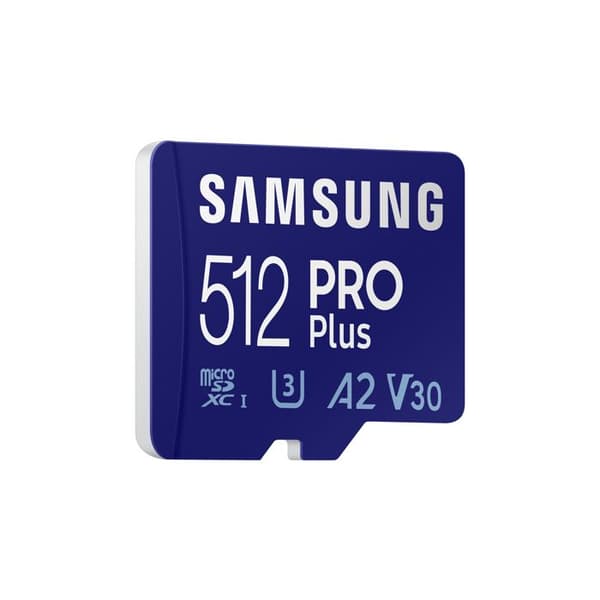 Samsung PRO Plus 512 GB SDXC-kort Klass 10, Klass 10 UHS-I, UHS-I, v30 Video Speed Class 4K Videokompatibilitet, Stativ
