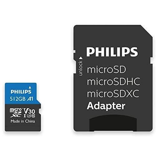 PHILIPS SDXC-KORT 512GB + SD-ADAPTER UHS-I U3 LÄSER UPP TILL 100MB-S A1 F