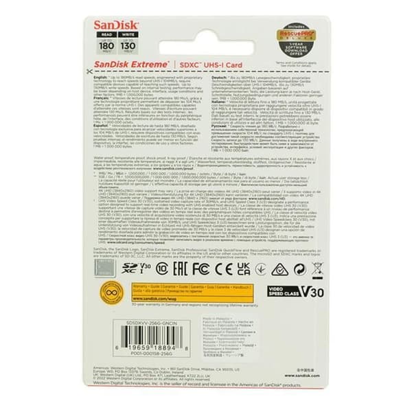 SANDISK Extreme 256GB SDXC 180MB/S 90MB/S UHS-I Class 10 U3 V30 SDXC-minneskort