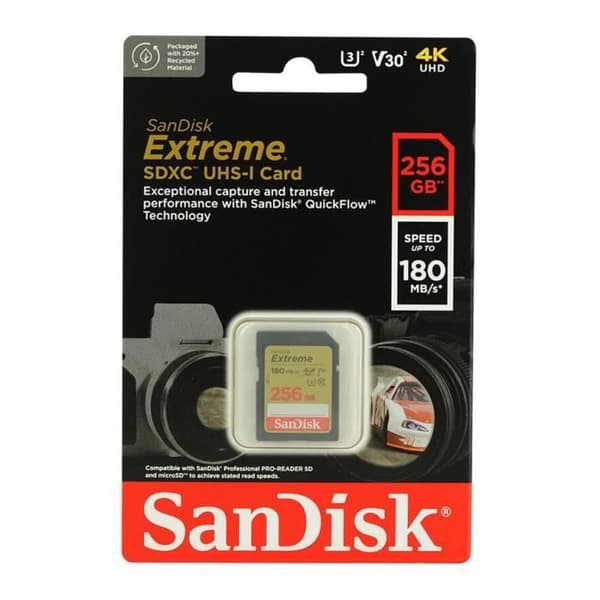 SANDISK Extreme 256GB SDXC 180MB/S 90MB/S UHS-I Class 10 U3 V30 SDXC-minneskort