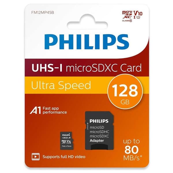 Philips Micro SDXC-minneskort 128 GB Ultra Speed Läshastighet upp till 80MB/s, A1 Fast App Performance, V10, med adapter